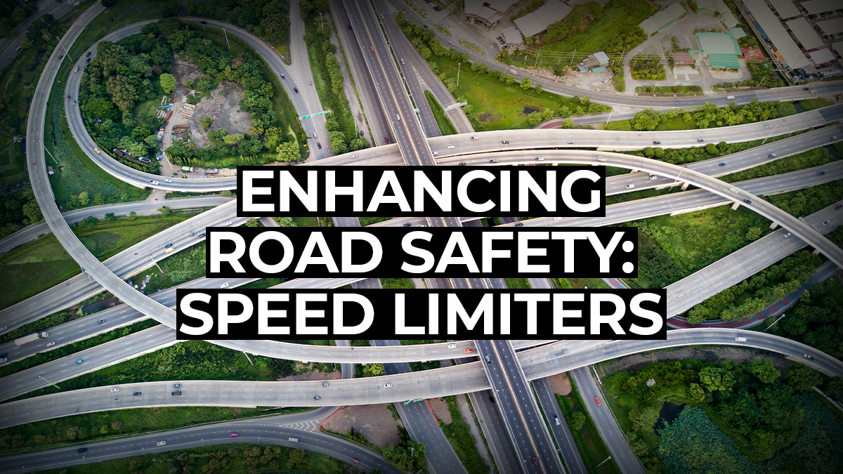 Picture of motorway traffic with text overlaying 'Enhancing Road Safety: Speed Limiters'